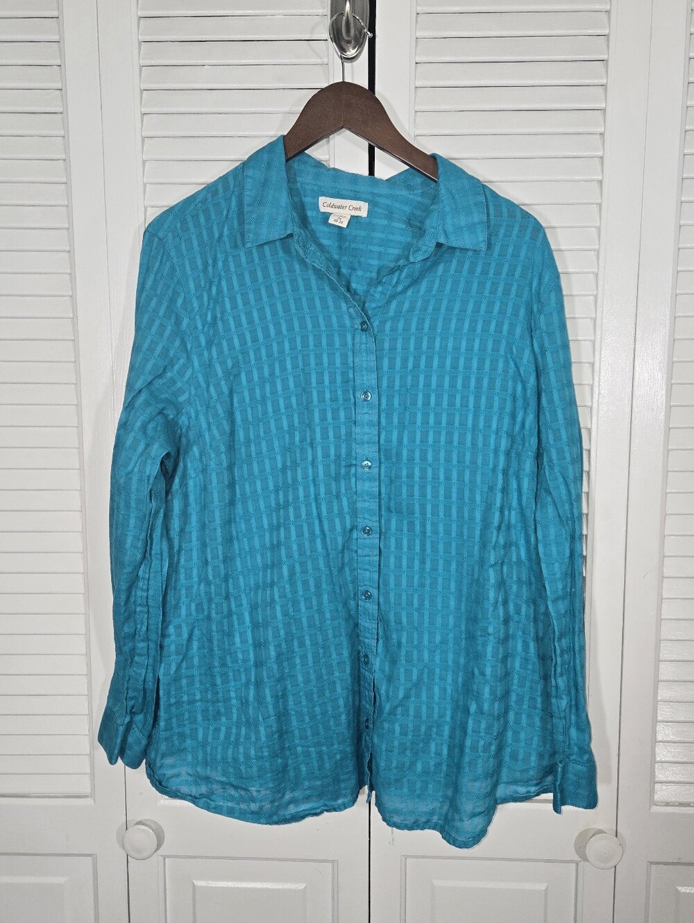 Coldwater Creek Long Sleeve Button Down Textured Teal Lightweight Blouse 2X
